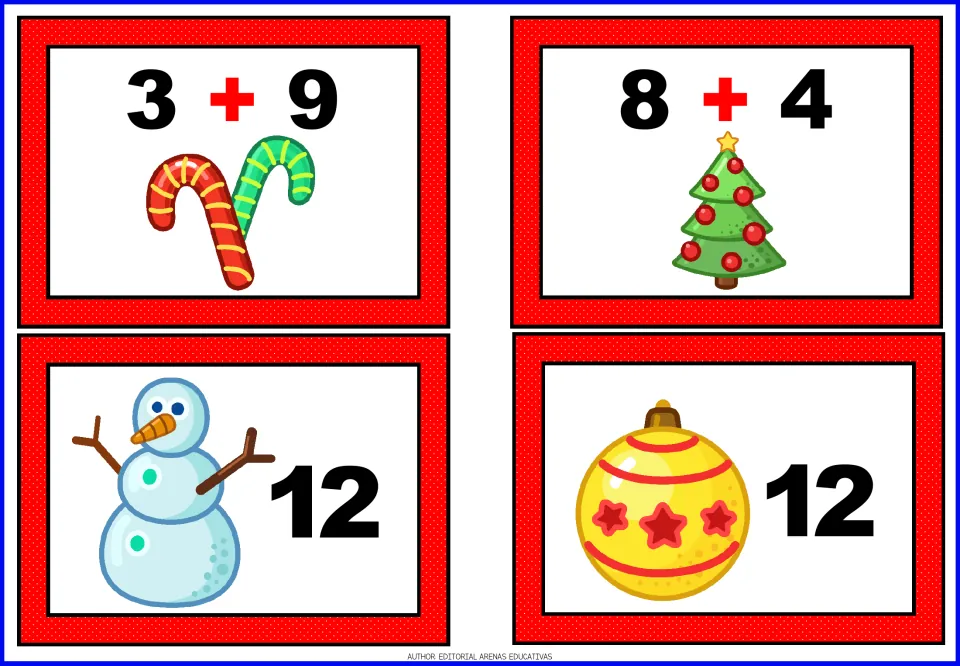 Christmas addition cards 25–28: 3 + 9 and 8 + 4 equation cards, plus two separate sum cards showing 12.