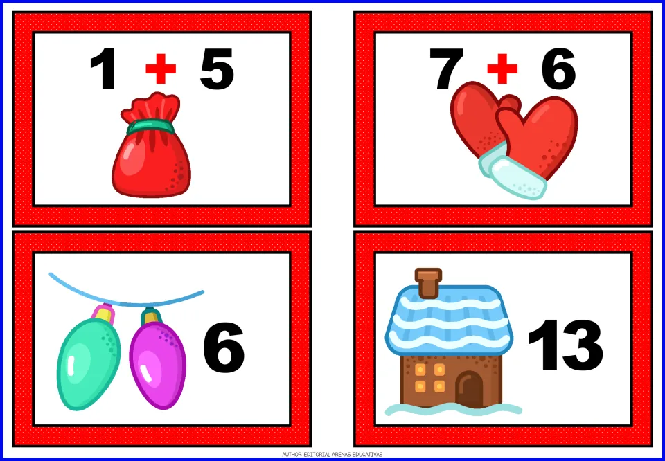 Christmas addition cards 29–32: 1 + 5 and 7 + 6 equation cards, plus separate sum cards showing 6 and 13.