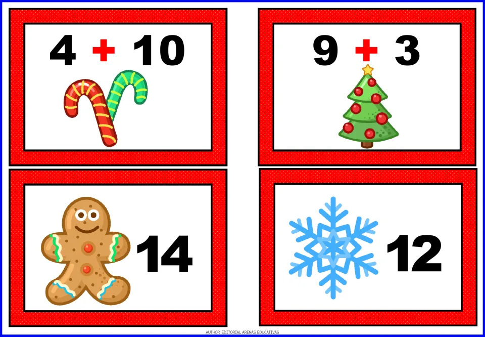 Christmas addition cards 33–36: 4 + 10 and 9 + 3 equation cards, plus separate sum cards showing 14 and 12.