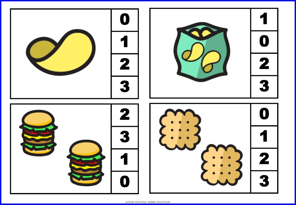 Count-and-clip cards 1–4: one potato chip, one bag of chips, two burgers, and two crackers, with number choices
