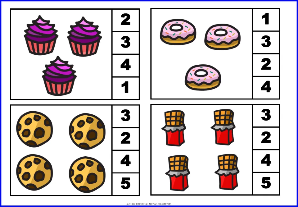 Count-and-clip cards 5–8: three cupcakes, three donuts, four cookies, and four chocolate bars, with number choices