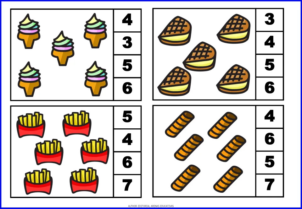 Count-and-clip cards 9–12: five ice cream cones, five sandwiches, six cartons of fries, and six wafer rolls