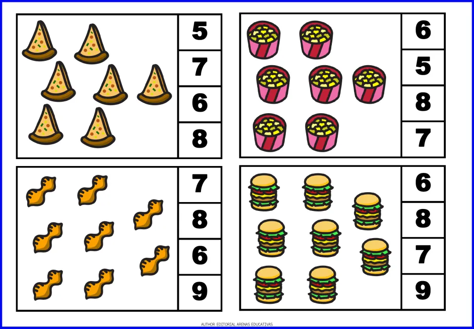 Count-and-clip cards 13–16: seven pizza slices, seven popcorn tubs, eight wrapped candies, and eight burgers
