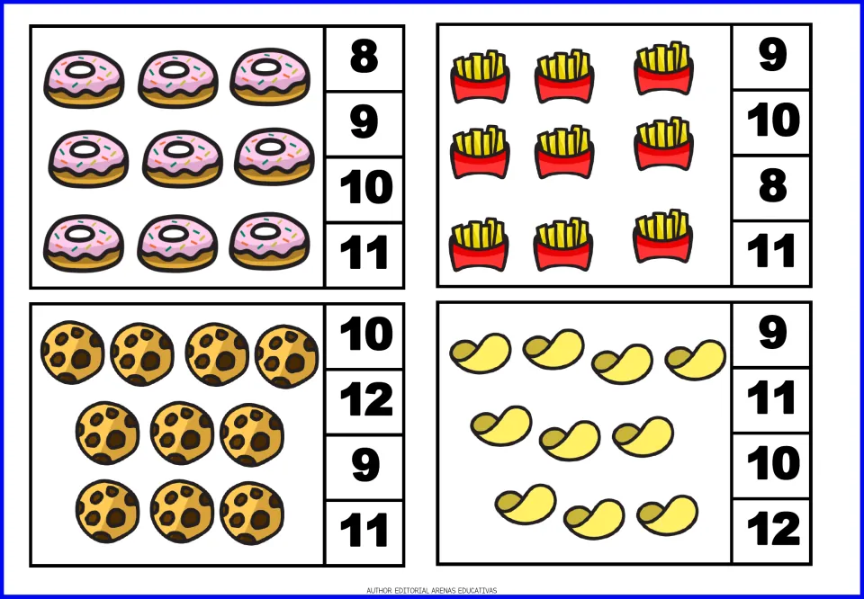 Count-and-clip cards 17–20: nine donuts, nine cartons of fries, ten cookies, and ten potato chips