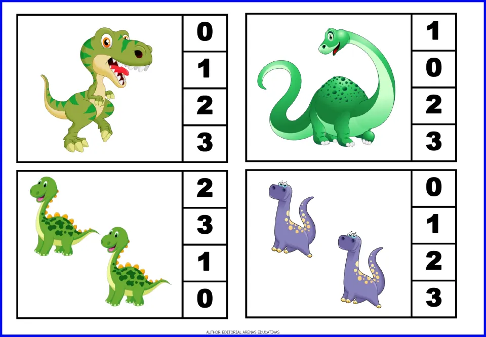 Dinosaur count-and-clip cards 1–4: two cards showing one dinosaur and two showing two, with choices 0–3