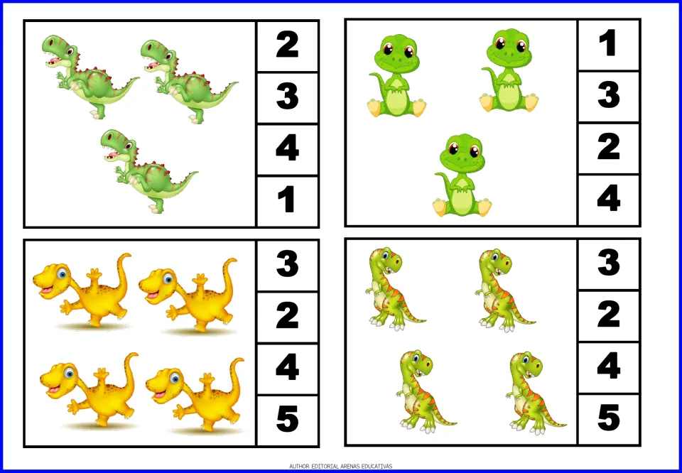 Dinosaur count-and-clip cards 5–8: two cards showing three dinosaurs and two showing four, with number choices