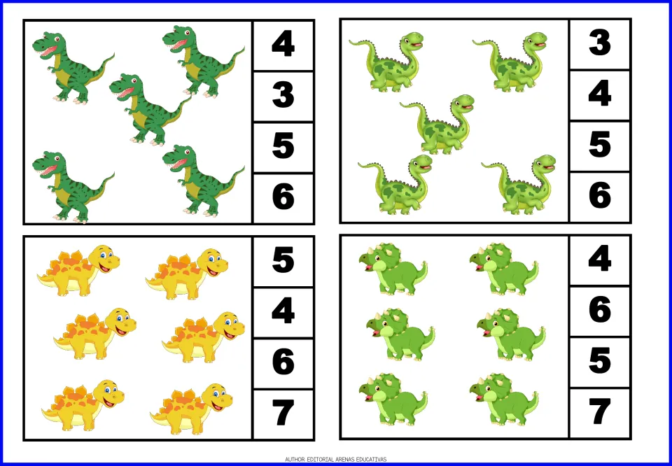 Dinosaur count-and-clip cards 9–12: two cards showing five dinosaurs and two showing six, with number choices