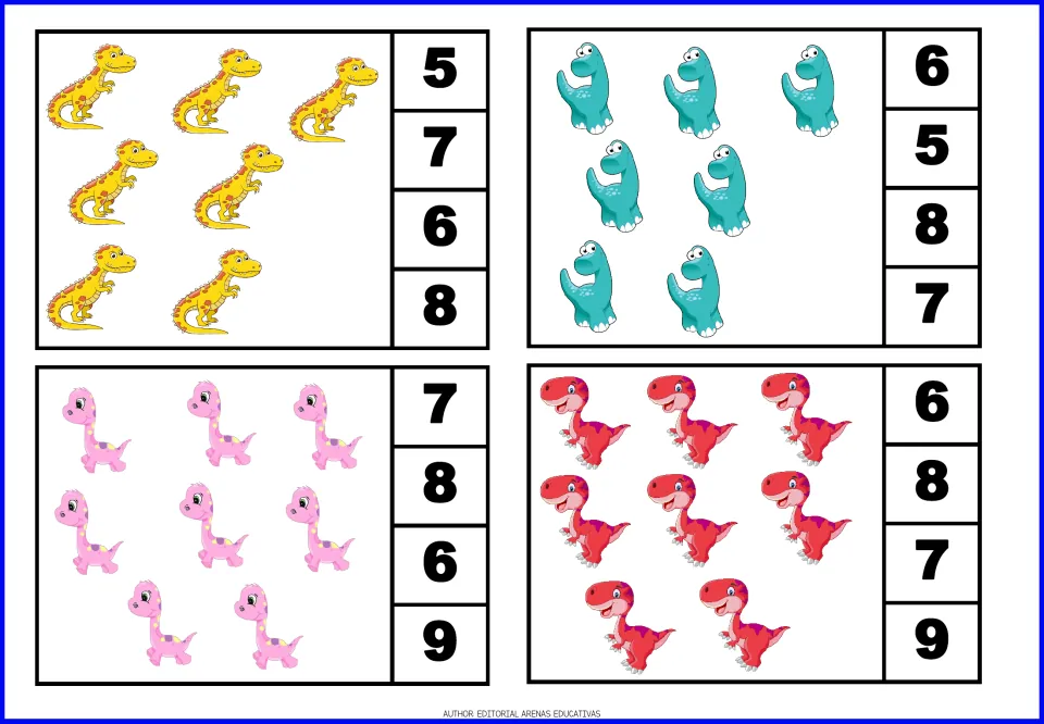 Dinosaur count-and-clip cards 13–16: two cards showing seven dinosaurs and two showing eight, with number choices