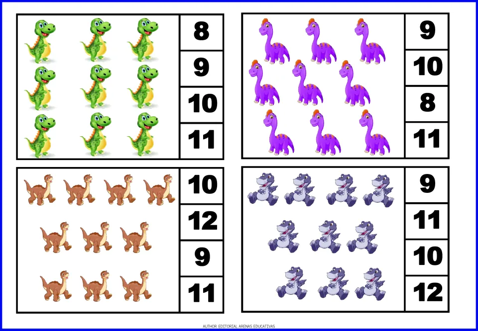 Dinosaur count-and-clip cards 17–20: two cards showing nine dinosaurs and two showing ten, with number choices