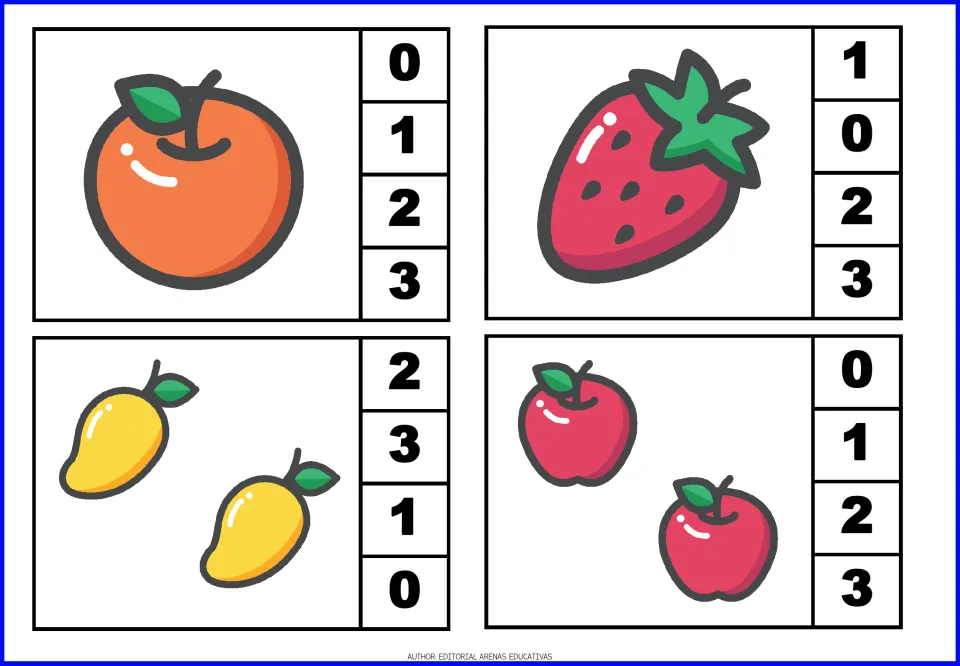 Counting 1 and 2: students count 1 orange, 1 strawberry, 2 mangoes and 2 apples, then clip the matching number from 0-3