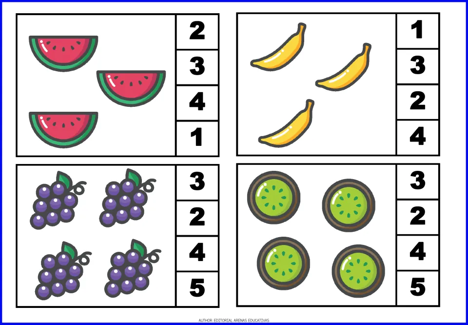 Counting 3 and 4: students count watermelon slices, bananas, grape bunches and kiwi halves, clipping the correct number