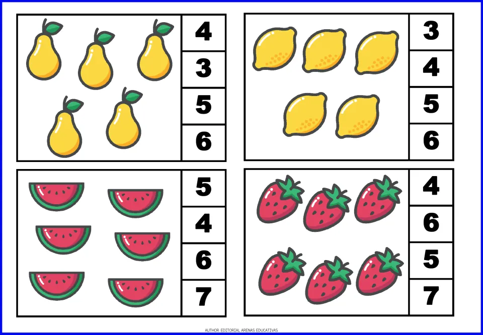 Counting 5 and 6: cards show 5 pears, 5 lemons, 6 watermelon slices and 6 strawberries; students clip the total