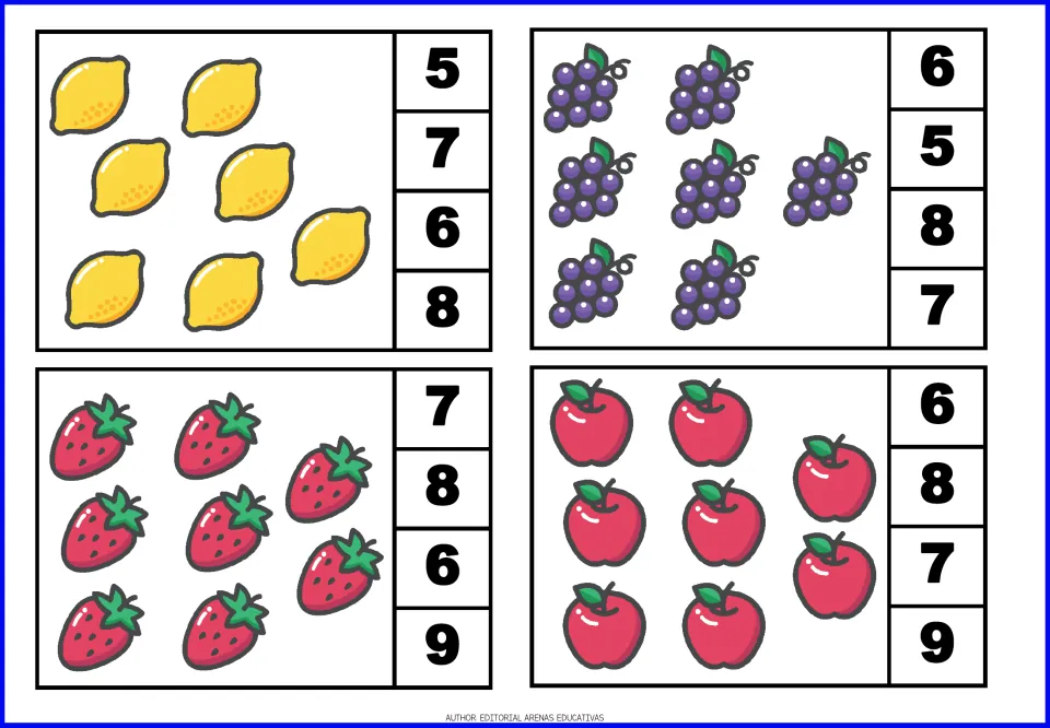 Counting 7 and 8: students count 7 lemons, 7 grape bunches, 8 strawberries and 8 apples and clip the matching numeral