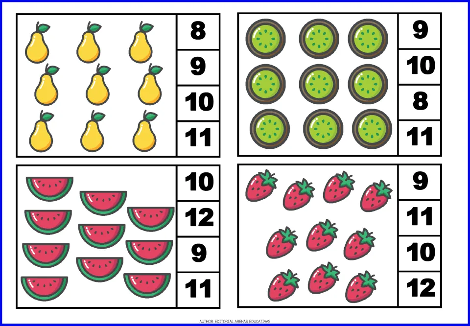 Counting 9 and 10: pear, kiwi, watermelon and strawberry cards with answer choices up to 12 for clipping the total