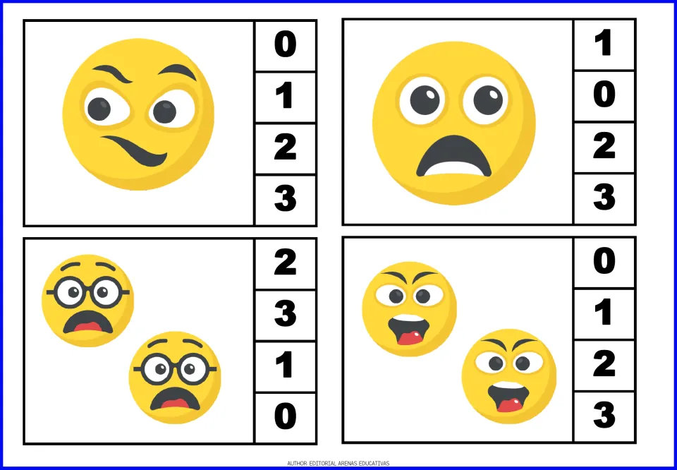Counting emojis 1 to 2: four clip cards where students count one or two emoji faces and clip the matching number 0-3