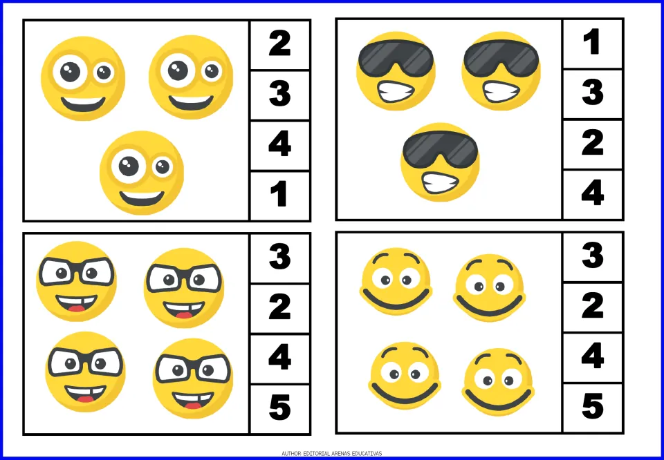 Counting 3 and 4: students count faces with sunglasses, glasses and big smiles, then clip the right number from 1 to 5