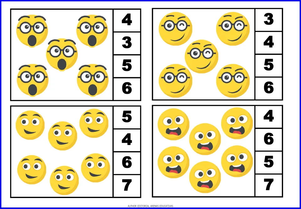 Counting 5 and 6: clip cards with five or six surprised, winking and giggling emojis to count and match to 3-7