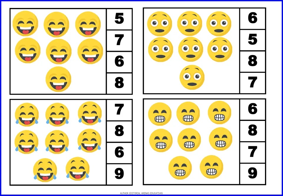 Counting 7 and 8: students count laughing, wide-eyed and grinning emoji groups and clip the number from 5 to 9