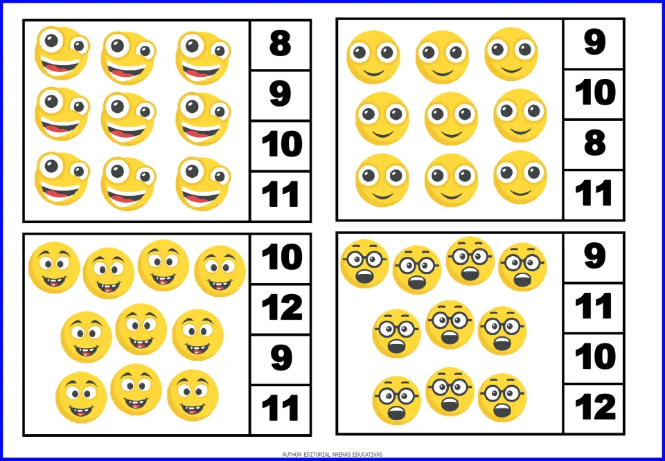 Counting 9 and 10: four clip cards of goofy and smiling emoji sets to count, with number choices from 8 to 12