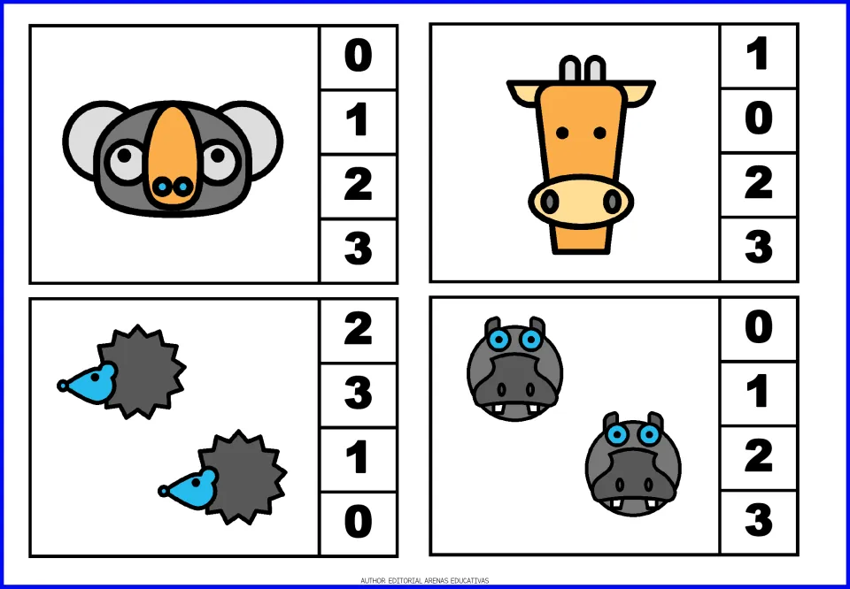 Counting clip cards for 1 and 2: students count a koala, a giraffe, two hedgehogs and two hippos, then clip the number