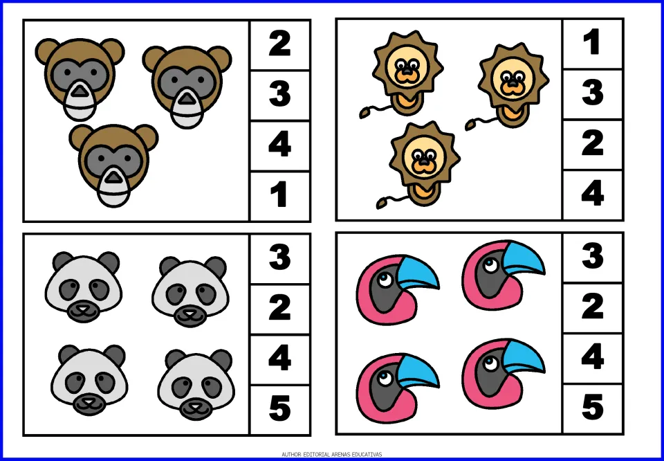 Counting clip cards for 3 and 4: students count monkeys, lions, pandas and toucans and clip the matching numeral