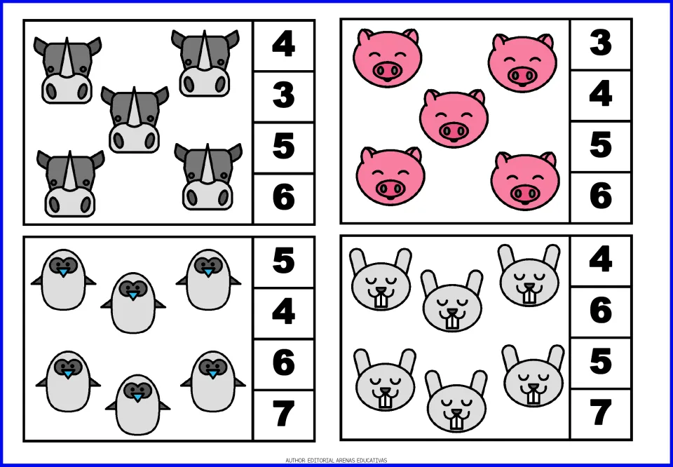 Counting clip cards for 5 and 6: students count rhinos, pigs, penguins and rabbits, then clip the correct number
