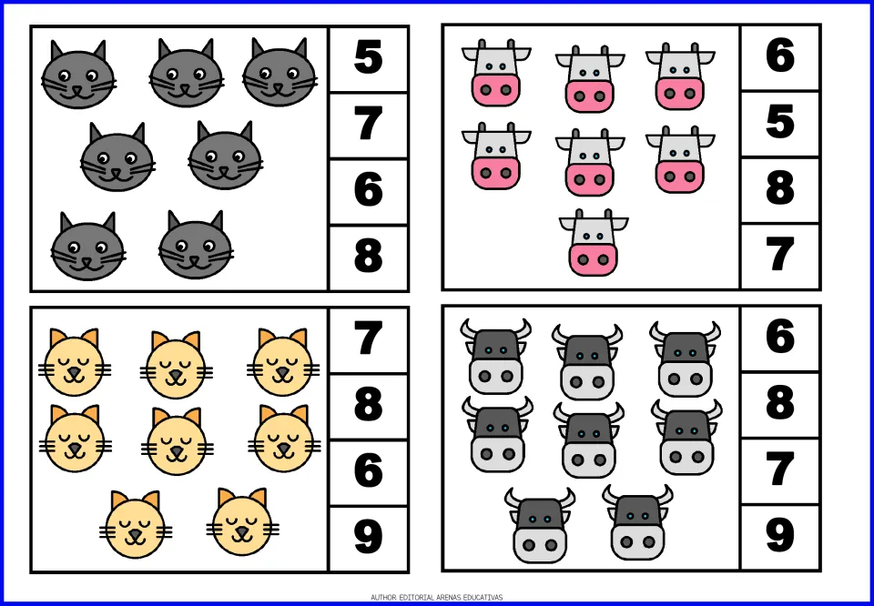 Counting clip cards for 7 and 8: students count gray cats, cows, yellow cats and bulls and clip the matching numeral
