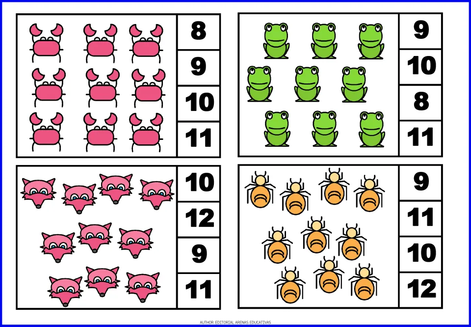 Counting clip cards for 9 and 10: students count crabs, frogs, foxes and bugs and clip the number, with choices to 12