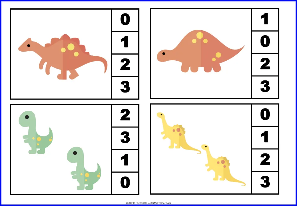Dinosaur count-and-clip cards 1–4: two cards show 1 dinosaur and two show 2, each with four number choices.