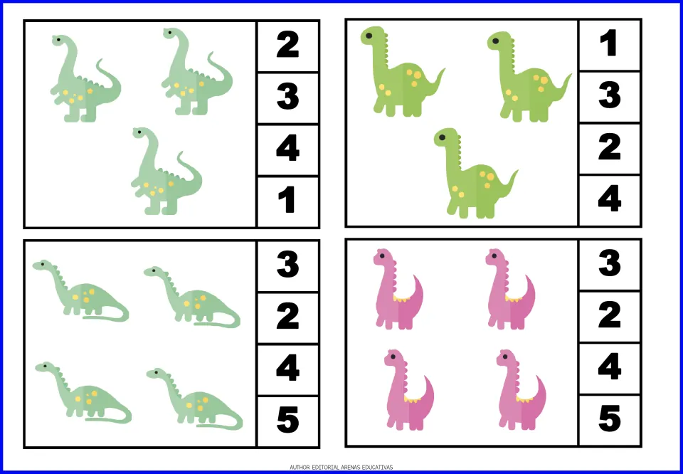 Dinosaur count-and-clip cards 5–8: two cards show 3 dinosaurs and two show 4, each with four number choices.
