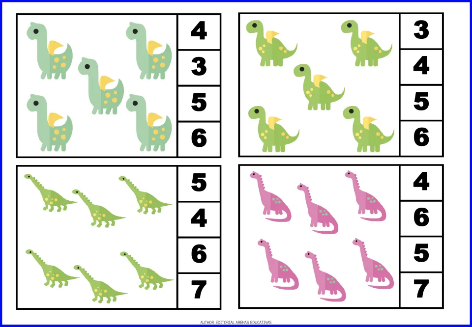 Dinosaur count-and-clip cards 9–12: two cards show 5 dinosaurs and two show 6, each with four number choices.