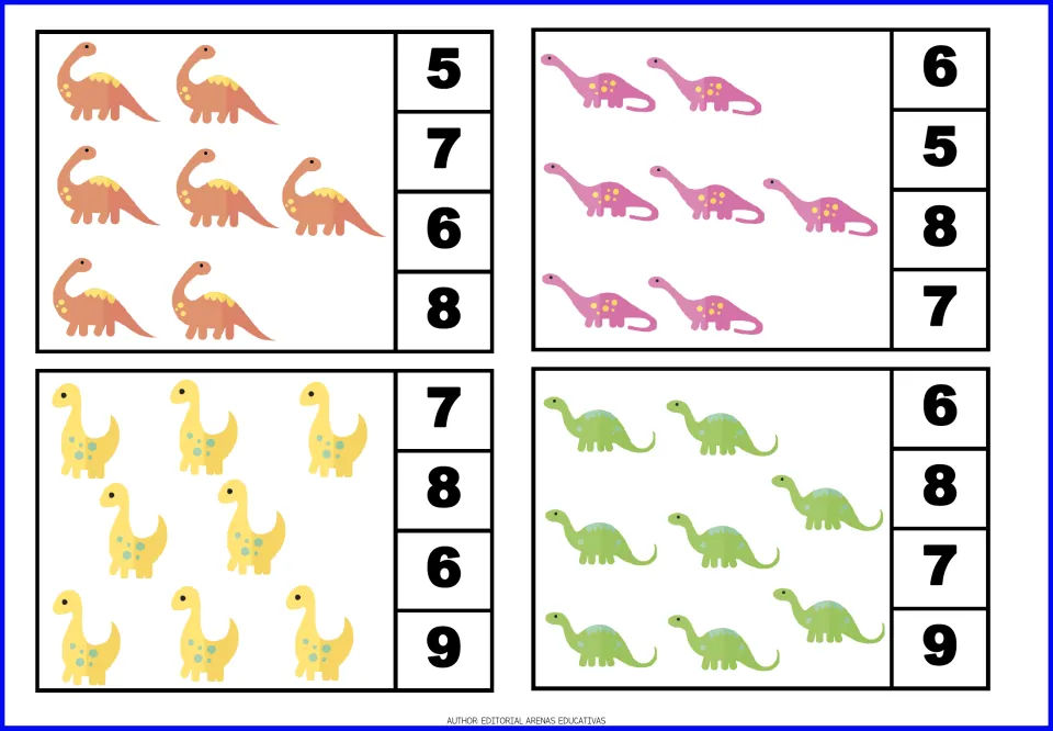 Dinosaur count-and-clip cards 13–16: two cards show 7 dinosaurs and two show 8, each with four number choices.