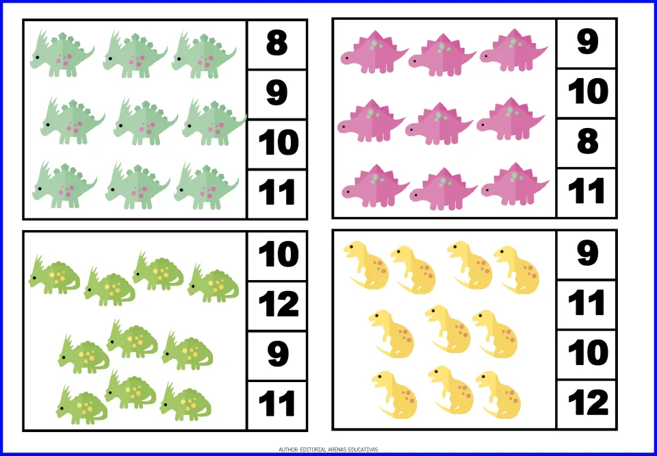 Dinosaur count-and-clip cards 17–20: two cards show 9 dinosaurs and two show 10, each with four number choices.