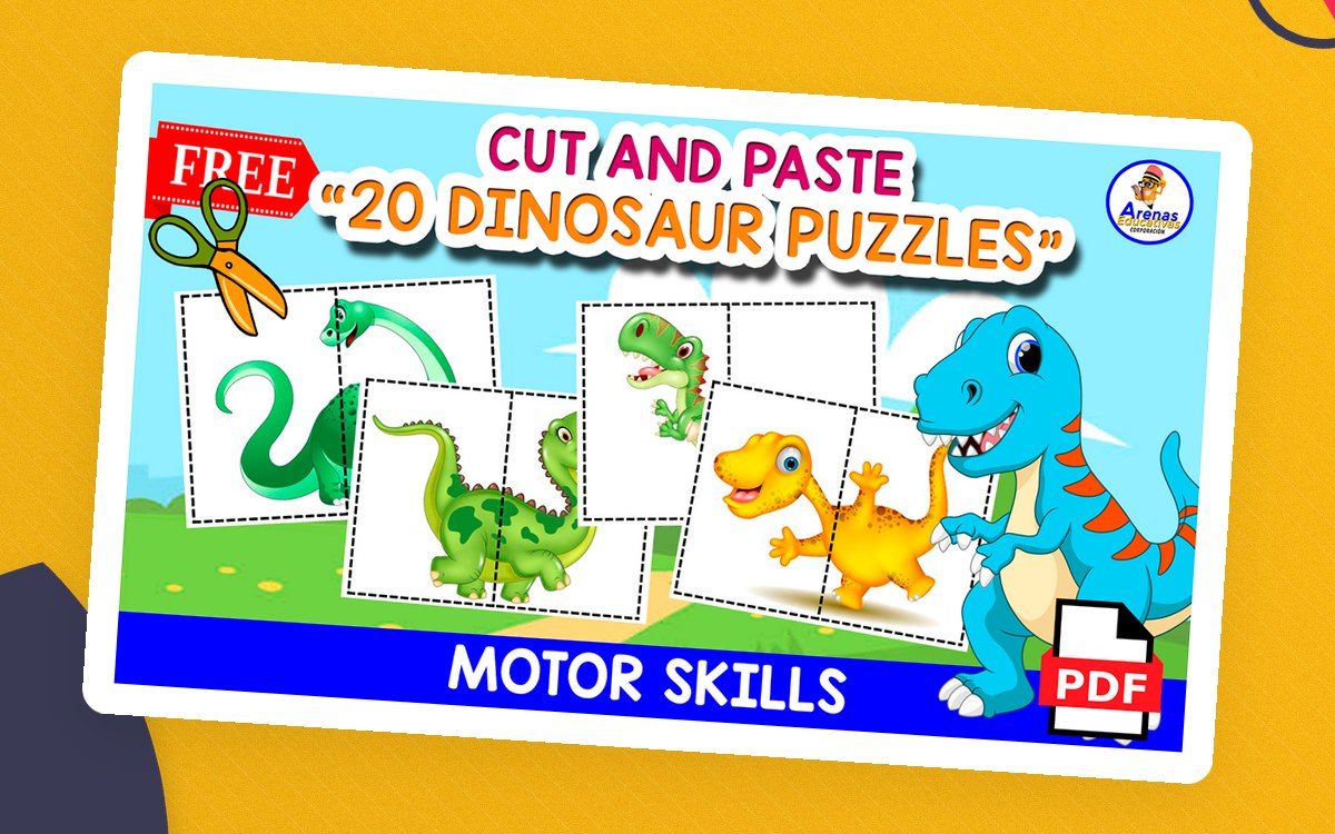 Dinosaur cut-and-paste puzzle cover showing dotted cutting pieces and completed colorful dinosaur pictures.