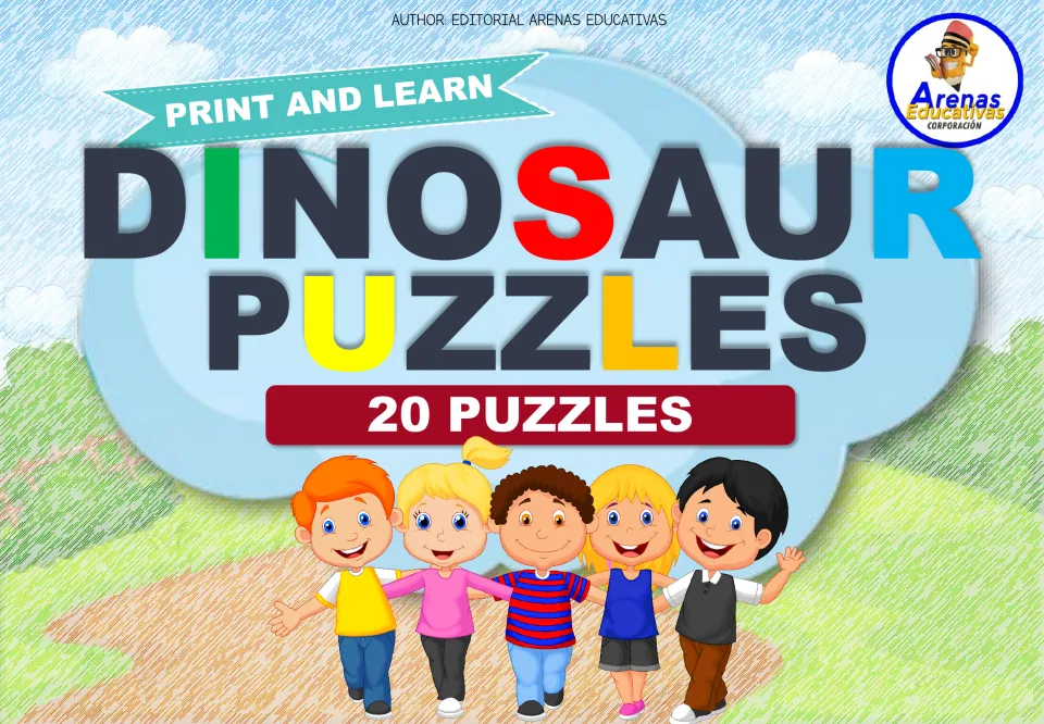 Dinosaur Puzzles cover: a Print and Learn set of 20 cut-and-paste puzzles, shown with five cartoon children