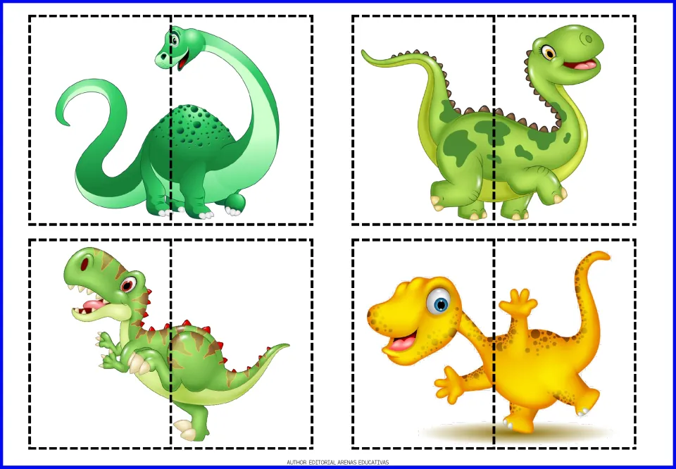 Long-neck and T. rex style dinosaur puzzles: students cut four cartoon pictures into two halves, then match and paste