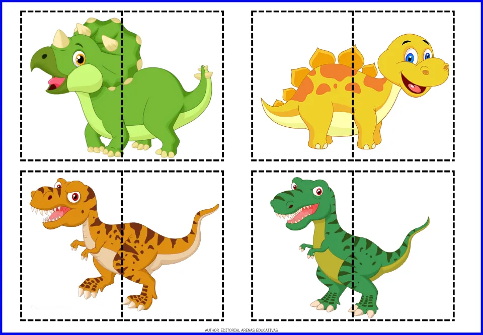 Triceratops, stegosaurus and two T. rex pictures split in half for students to cut apart, match and paste back together