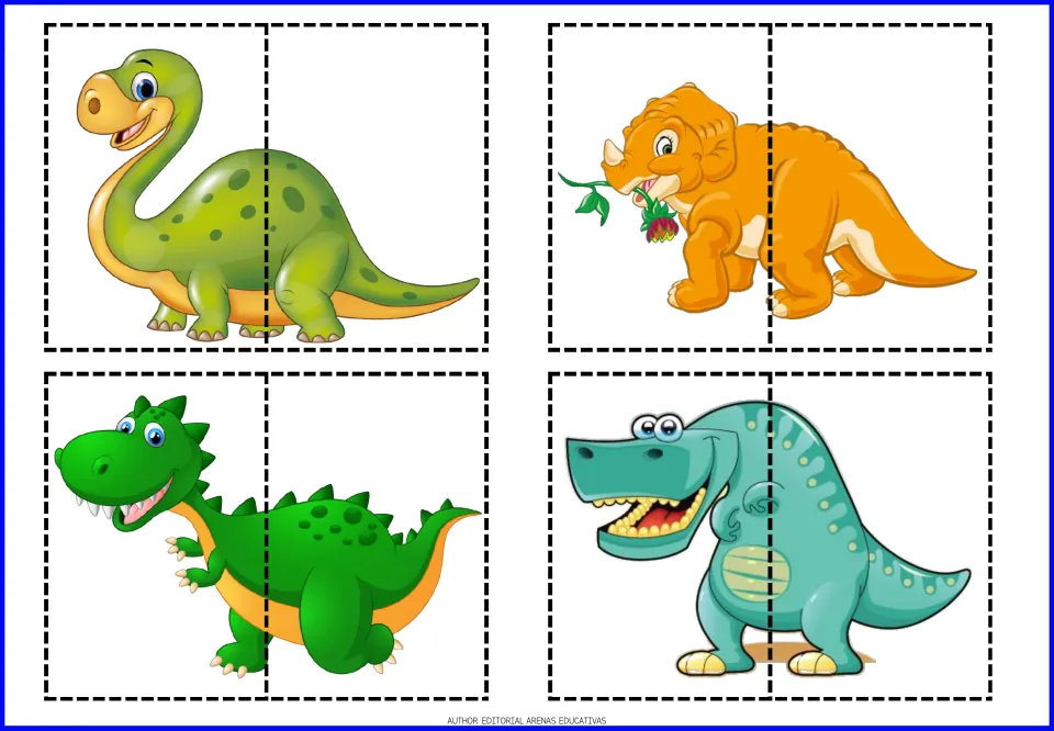 Two-part puzzles of four dinosaurs, including one eating a flower; students cut the halves apart and put each one together