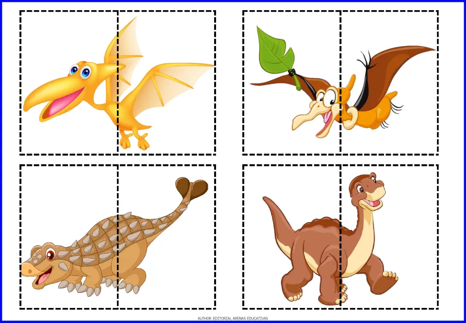 Flying pterosaur, ankylosaurus and long-neck dinosaur puzzles, each picture cut into two halves to piece back together