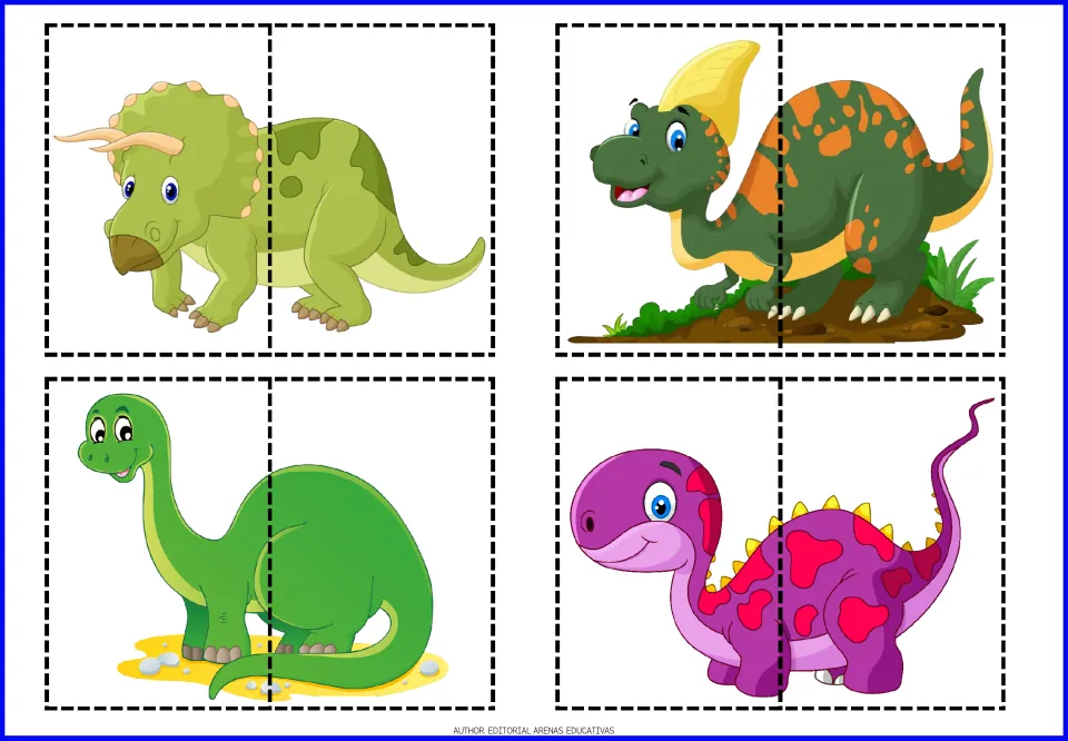 Triceratops, crested dinosaur, and green and purple long-neck puzzles: cut two pieces from each and glue the picture whole