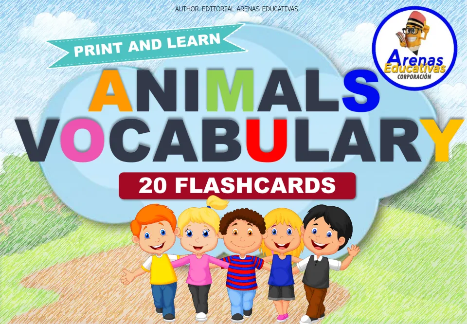 Cover of the Spanish animal flashcard set, headed 'Animals Vocabulary' and labeled '20 Flashcards'