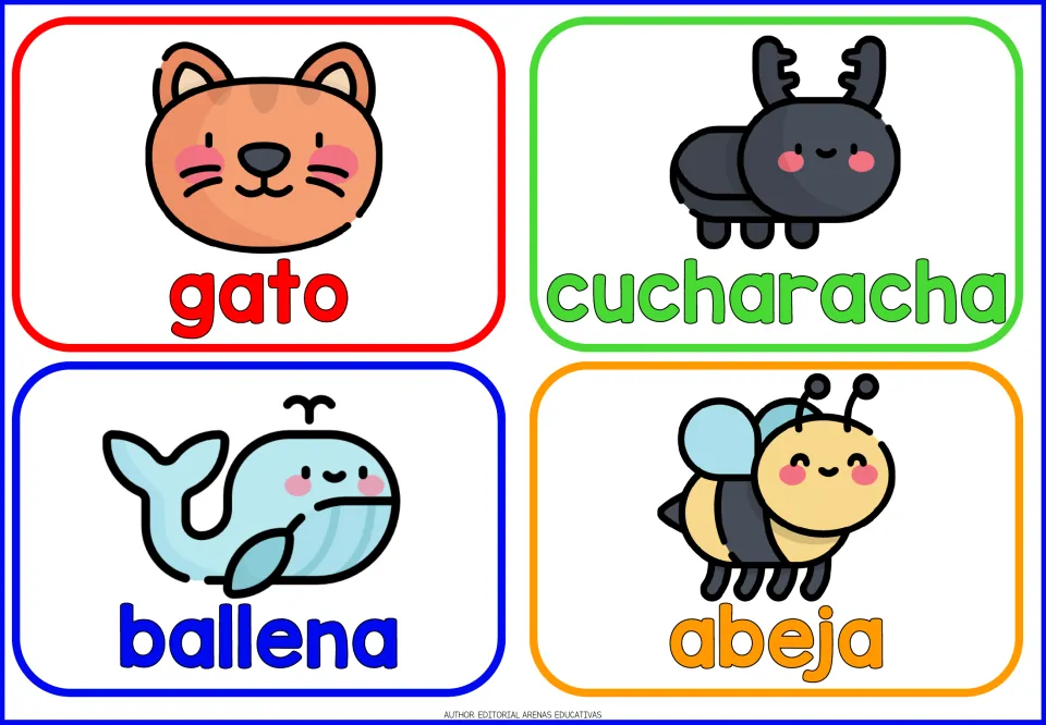 Spanish animal flashcards 1–4: gato (cat), cucaracha (cockroach), ballena (whale) and abeja (bee)