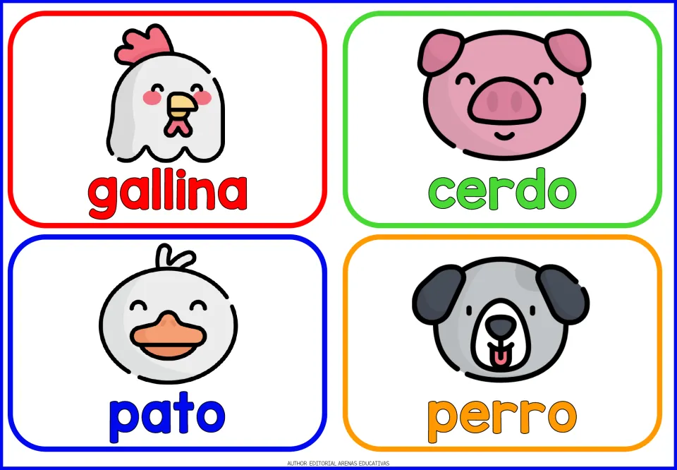 Spanish animal flashcards 5–8: gallina (hen), cerdo (pig), pato (duck) and perro (dog), each illustrated