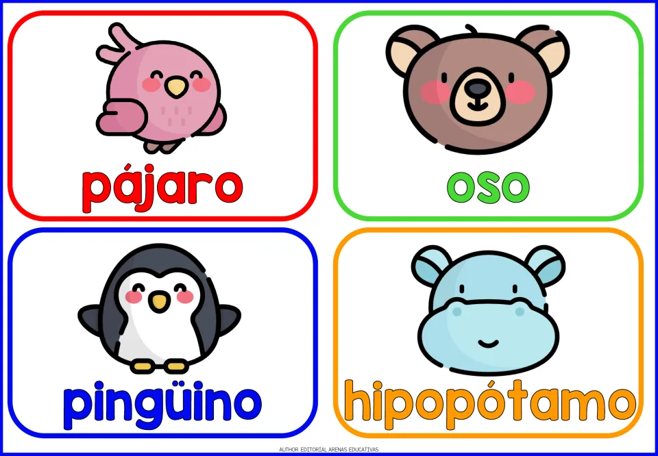 Spanish animal flashcards 9–12: pájaro (bird), oso (bear), pingüino (penguin) and hipopótamo (hippopotamus)