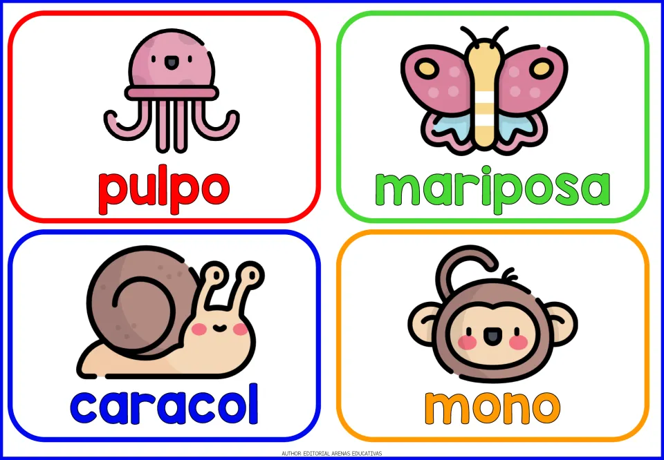 Spanish animal flashcards 13–16: pulpo (octopus), mariposa (butterfly), caracol (snail) and mono (monkey)