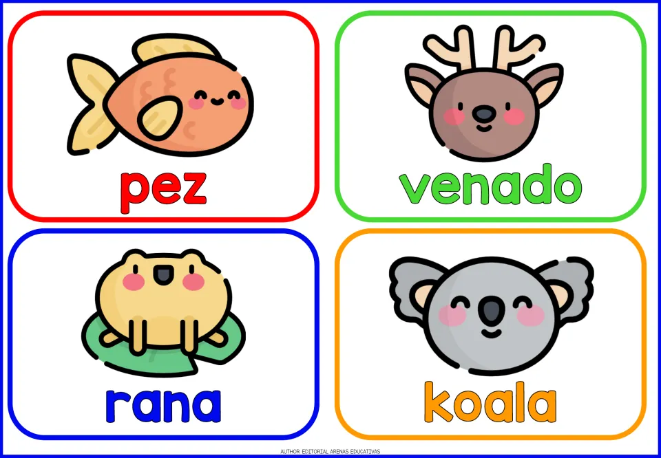 Spanish animal flashcards 17–20: pez (fish), venado (deer), rana (frog) and koala (koala), each illustrated