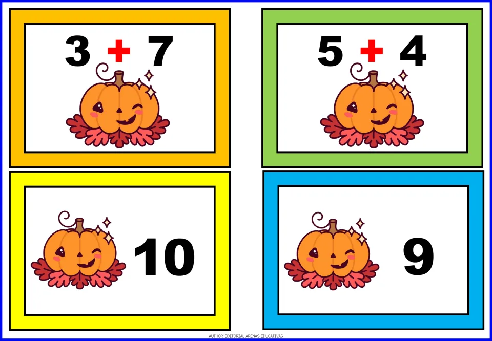 Pumpkin addition matching cards 1–4: two problem cards showing 3 + 7 and 5 + 4, plus answer cards 10 and 9