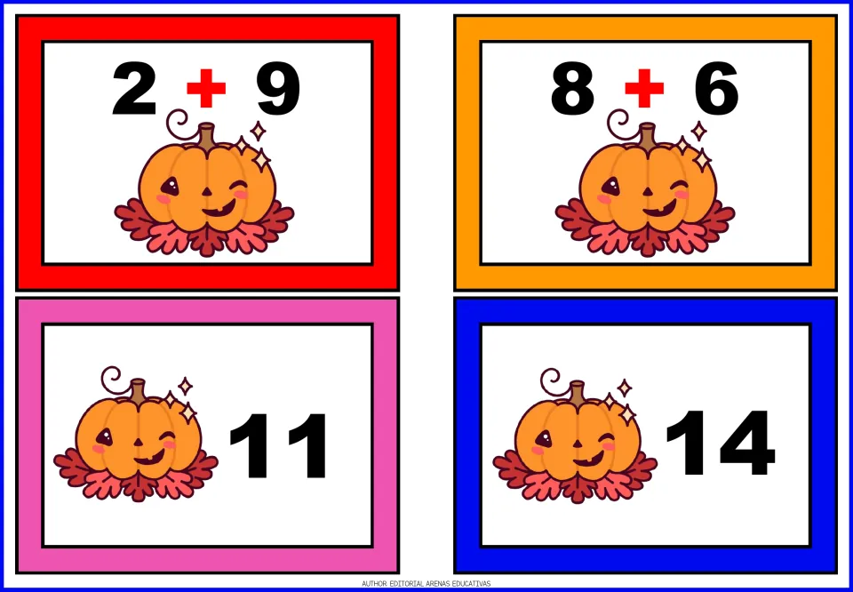 Pumpkin addition matching cards 5–8: two problem cards showing 2 + 9 and 8 + 6, plus answer cards 11 and 14