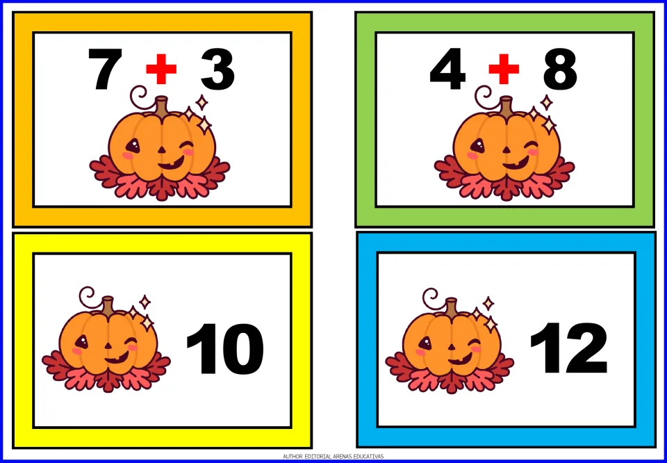 Pumpkin addition matching cards 9–12: two problem cards showing 7 + 3 and 4 + 8, plus answer cards 10 and 12