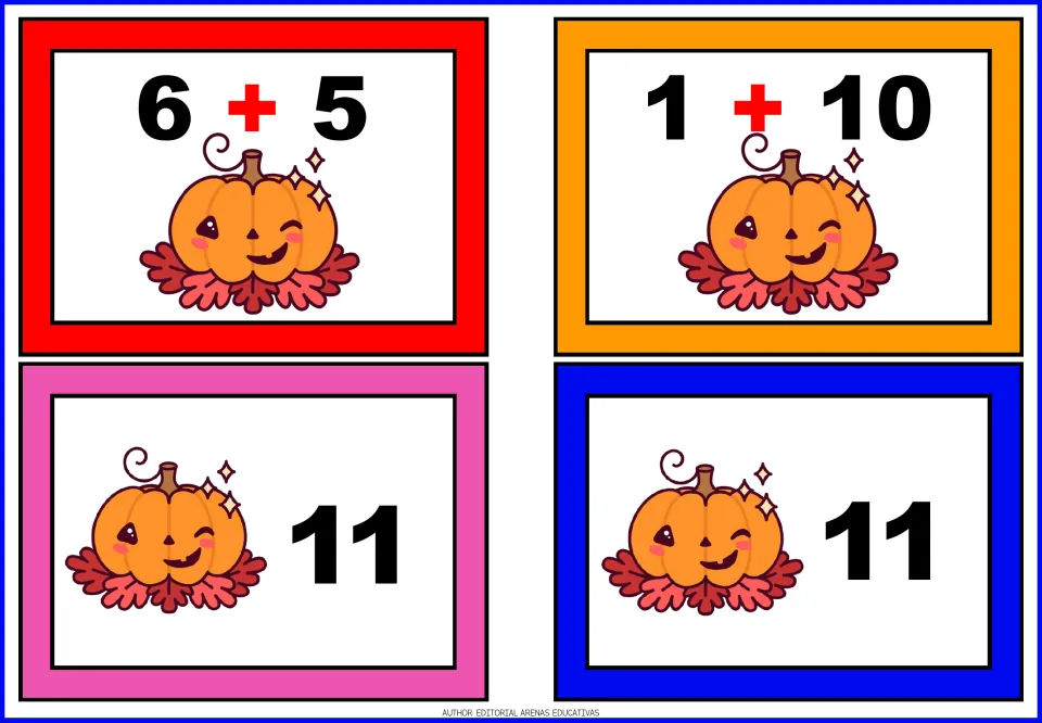 Pumpkin addition matching cards 13–16: two problem cards showing 6 + 5 and 1 + 10, plus two answer cards showing 11